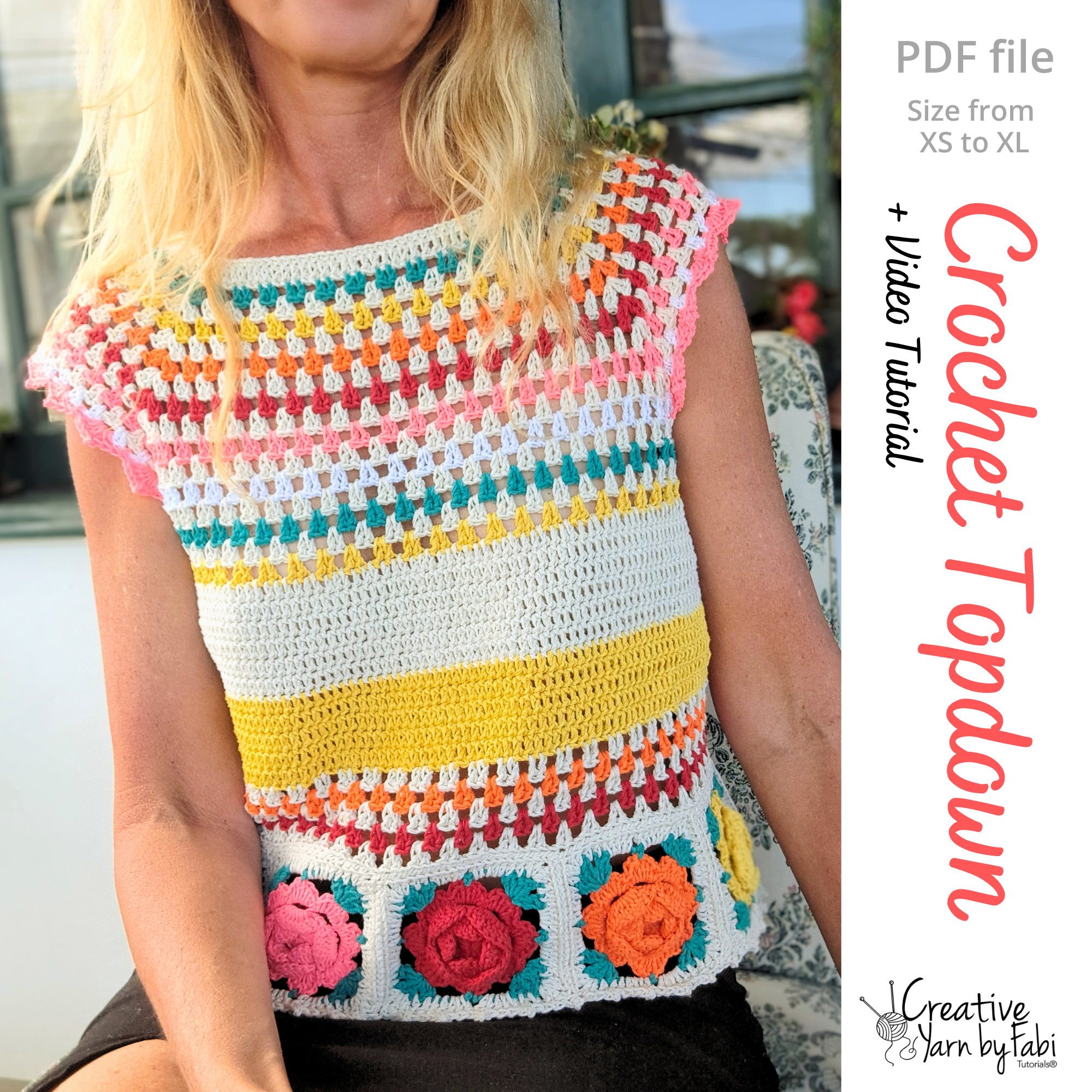 Crochet Top Down Lace PDF pattern with granny square flower - Beach Festival lace crochet top for women tutorial - Easy crochet boho top, rose granny square tutorial for beginners